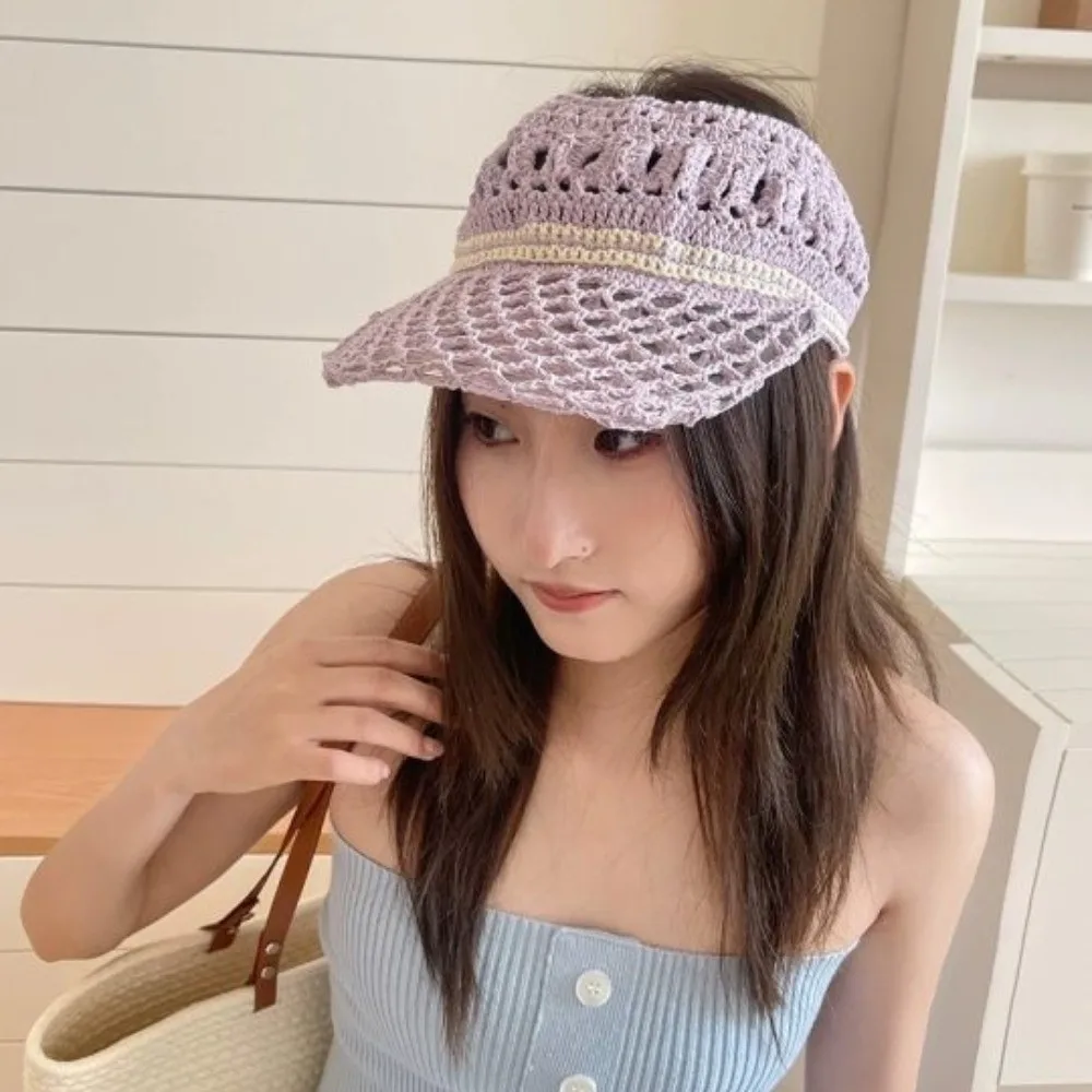 

Casual Sunscreen Crochet Empty Top Cap Knitted Sunshade Hollow Out Visor Hat Soft Foldable Drawstring Hat High Ponytail