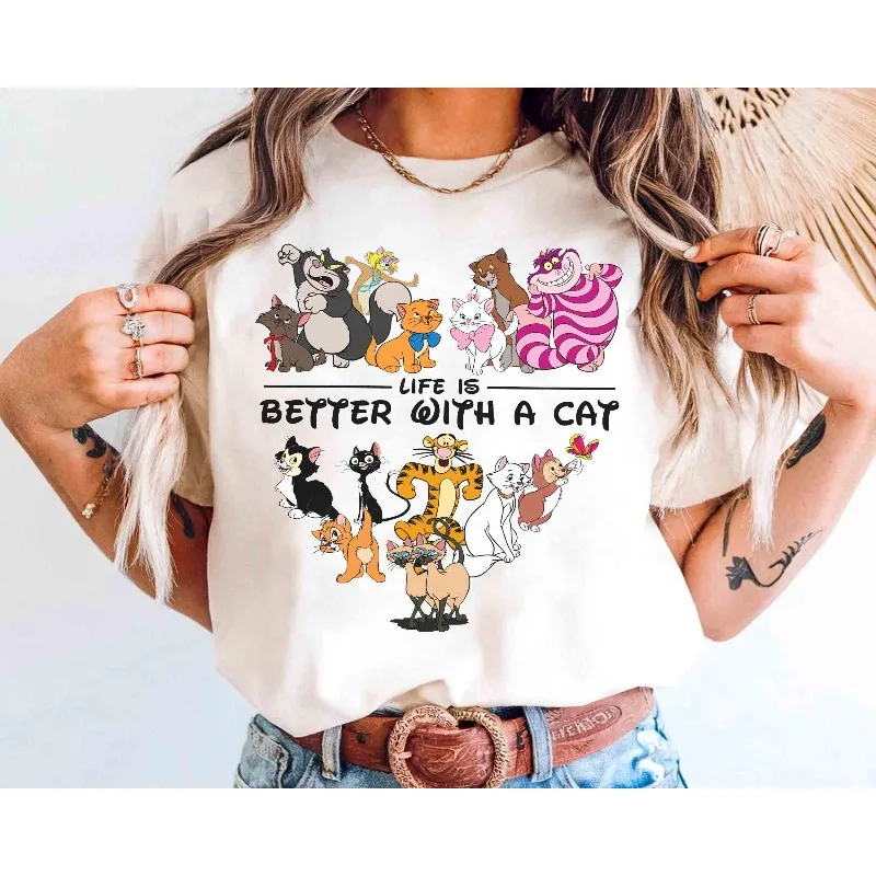 حياة ديزني الكلاسيكية أفضل مع قميص قطة، هدية لمحبي القطط من ديزني لاند، قميص أمي القطط والأب، قميص ديزني للحيوانات الأليفة