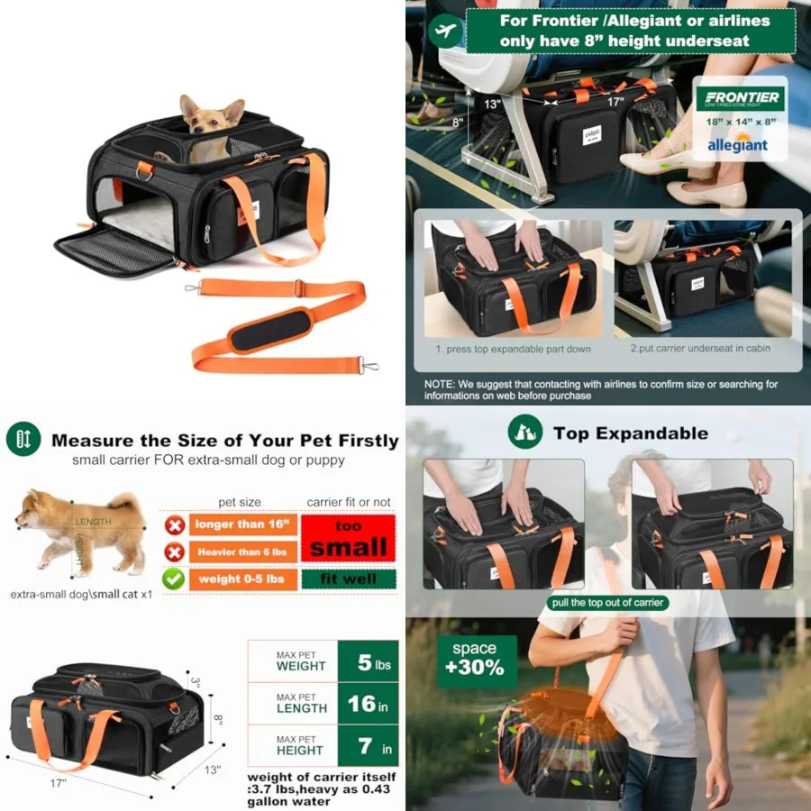 

17x13x8 Frontier Allegiant Breeze Airlines Approved top Expandable pet Carrier for Extra-Small Dog/Small cat, Weight up to 5 lb
