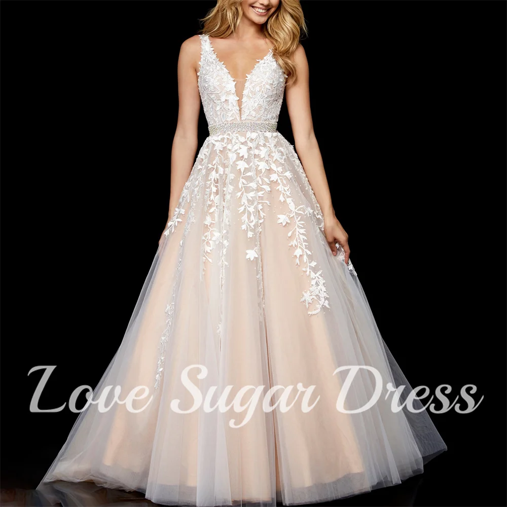 

A Line Lace Applique Wedding Dresses Elegant V Neck Long Train Bridal Gown Sleeveless Backless Bride Dress vestidos para mujer