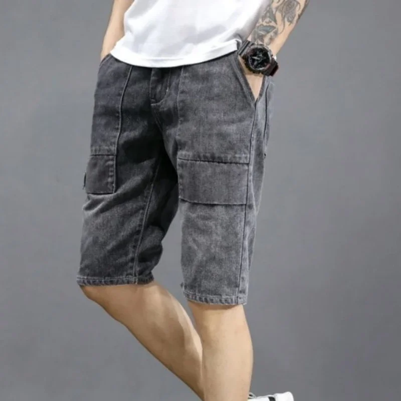 

Baggy Half Man Denim Shorts Short Jeans Pants for Men Bermuda Wide with Pockets Loose Long Cowboy Stretchable Wih Zipper New In