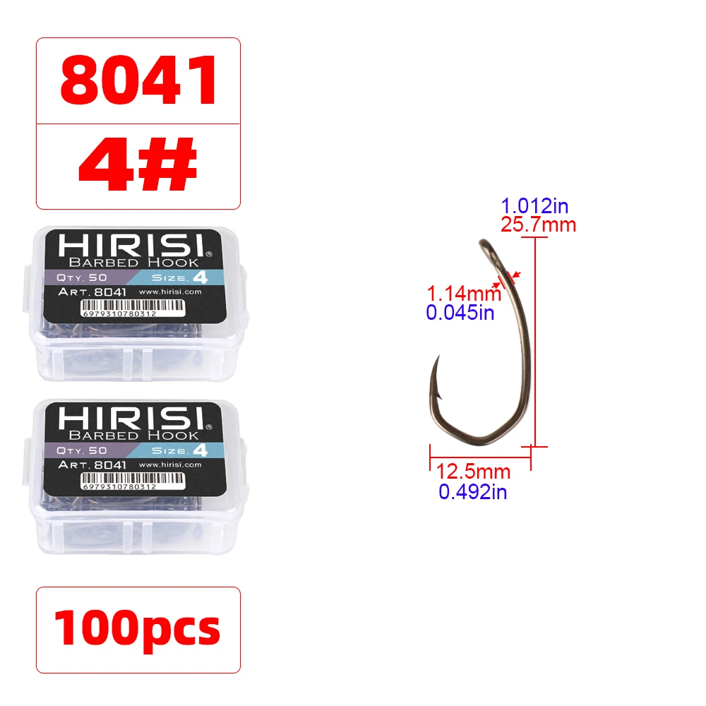 Hirisi 8041 50 Stück PTFE-beschichtete Angelhaken aus Hochkarbon-Edelstahl Rostfrei Scharfe Spitze mit Widerhaken und Öse für Angelzubehör