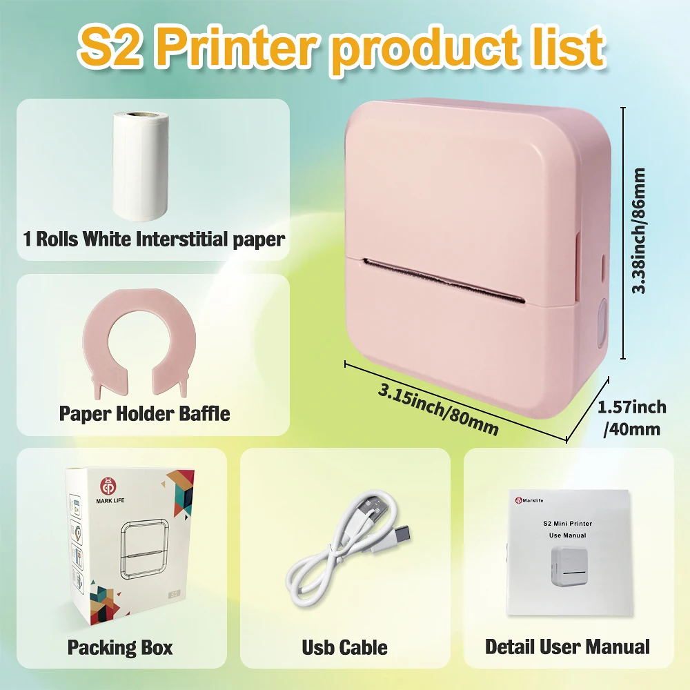 Marklife S2 Mini Thermal Label Printer 203dpi Pocket Photo Printer Stock for Small Tips Minimal Barcode Label Sticker Maker
