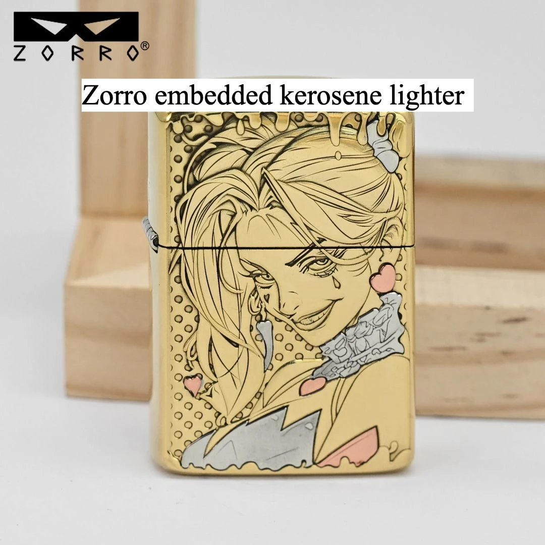 

Zorro brass inlaid clown girl fuel lighter, classic windproof grinding wheel lighter, cigarette accessories, men's gift