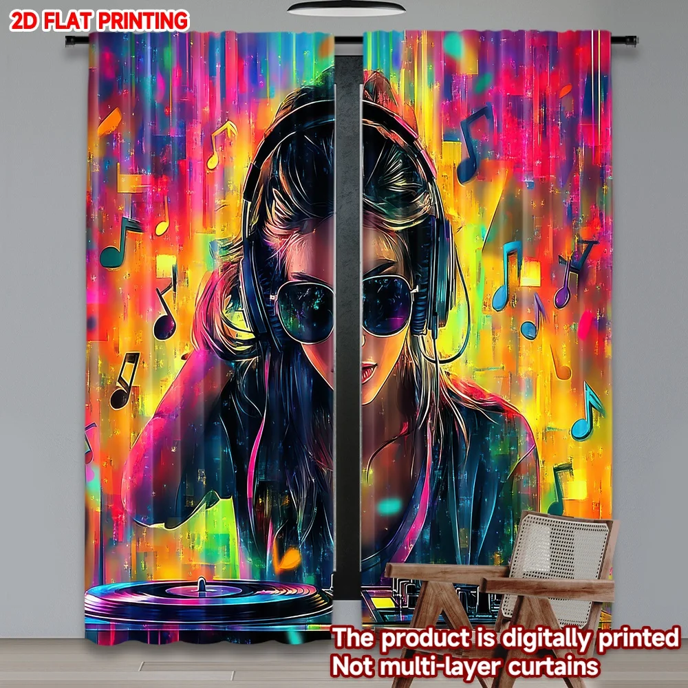 

2D flat printing 2pcs Curtain Colorful DJ Music Notes Digital Printed Polyester Drapes Festive Wall Decor for Drapes for Bedroom
