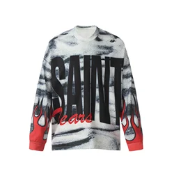 Vintage SM Brand Fashion Full Letter Print Quality Cotton High-Street Casual Loose Long Sleeve T Shirt Pullover For Men