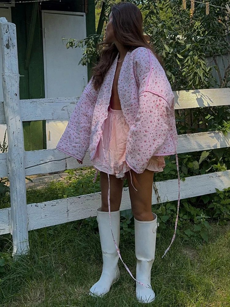 Cappotti trapuntati con lacci impiombati stampati allentati Cappotti oversize a maniche lunghe con scollo a V 2024 Autunno Inverno Lady Street Cotton Outwear