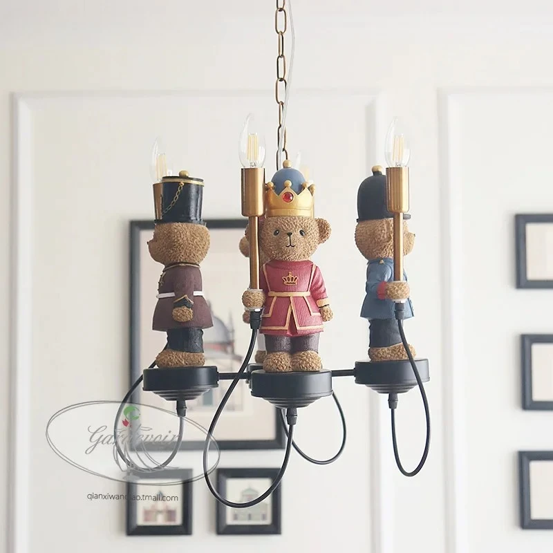 

Teddy Bear Chandelier Children's Lamp Boys Girls Bedroom American Creative Cartoon Doll LED Resin Chandelier