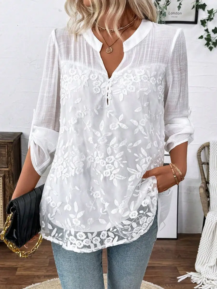 

White Embroidered Floral Chiffon Loose Long Sleeve Blouse for Women