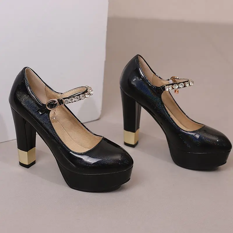 REAVE CAT Patent Leather Women Pumps Round Toe High Heels 11.5cm Platform Crystal Buckle Strap Size 49 50 Sexy Party Shoes