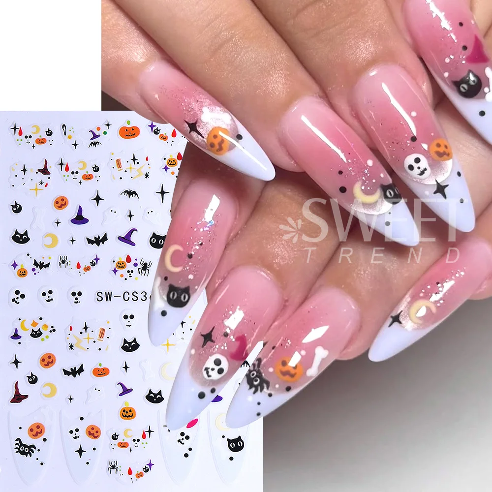 SWEET TREND-2/3pcs Halloween 3D Nail Stickers Pumpkin Ghost Spider Webs Bat Nail Decals Slider Thanksgiving DIY Manicure Decor