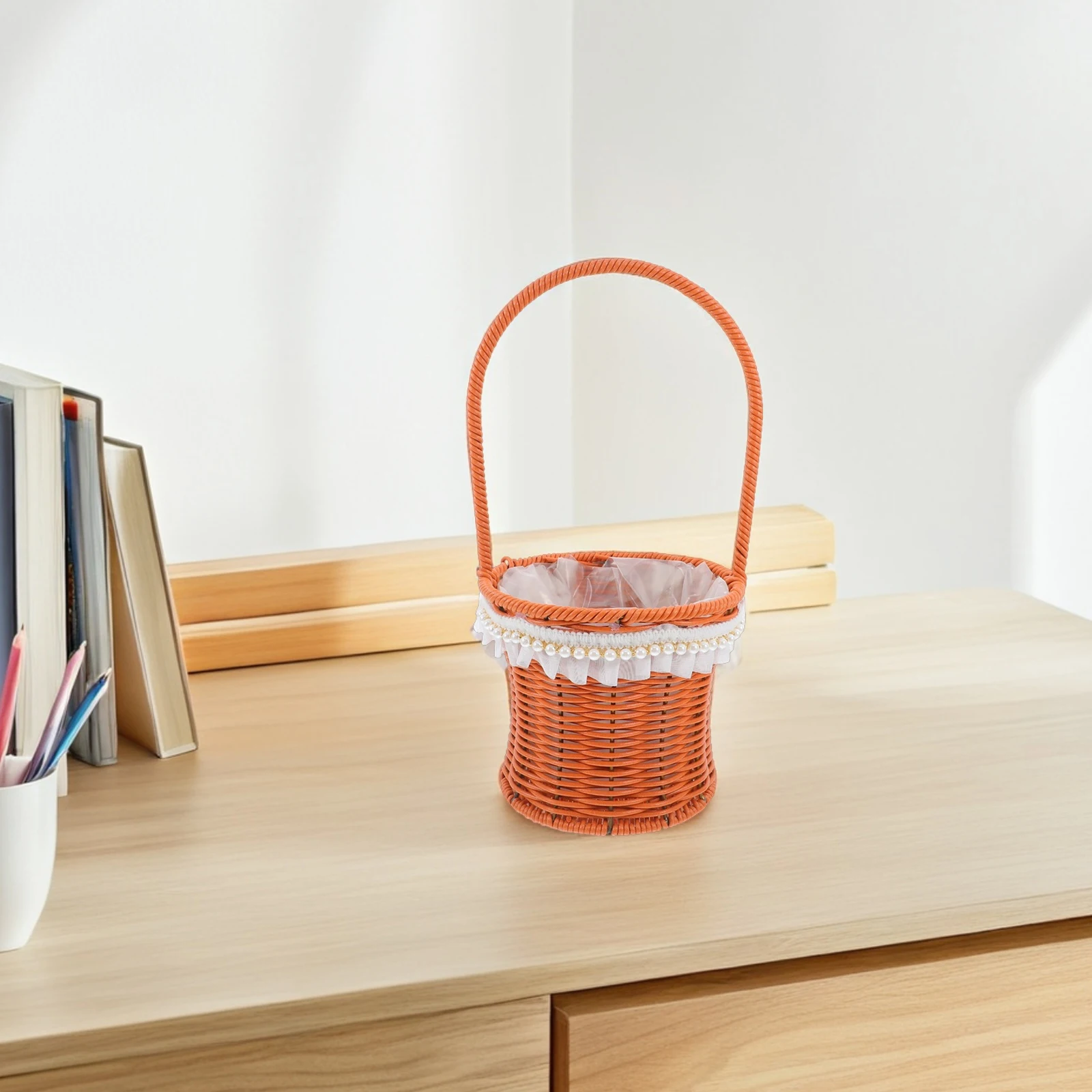 

1pc Handwoven Rattan Basket With Handle Comfortable Pp Material Waterproof Interior Garden Harvesting Basket For Picnics Wedding