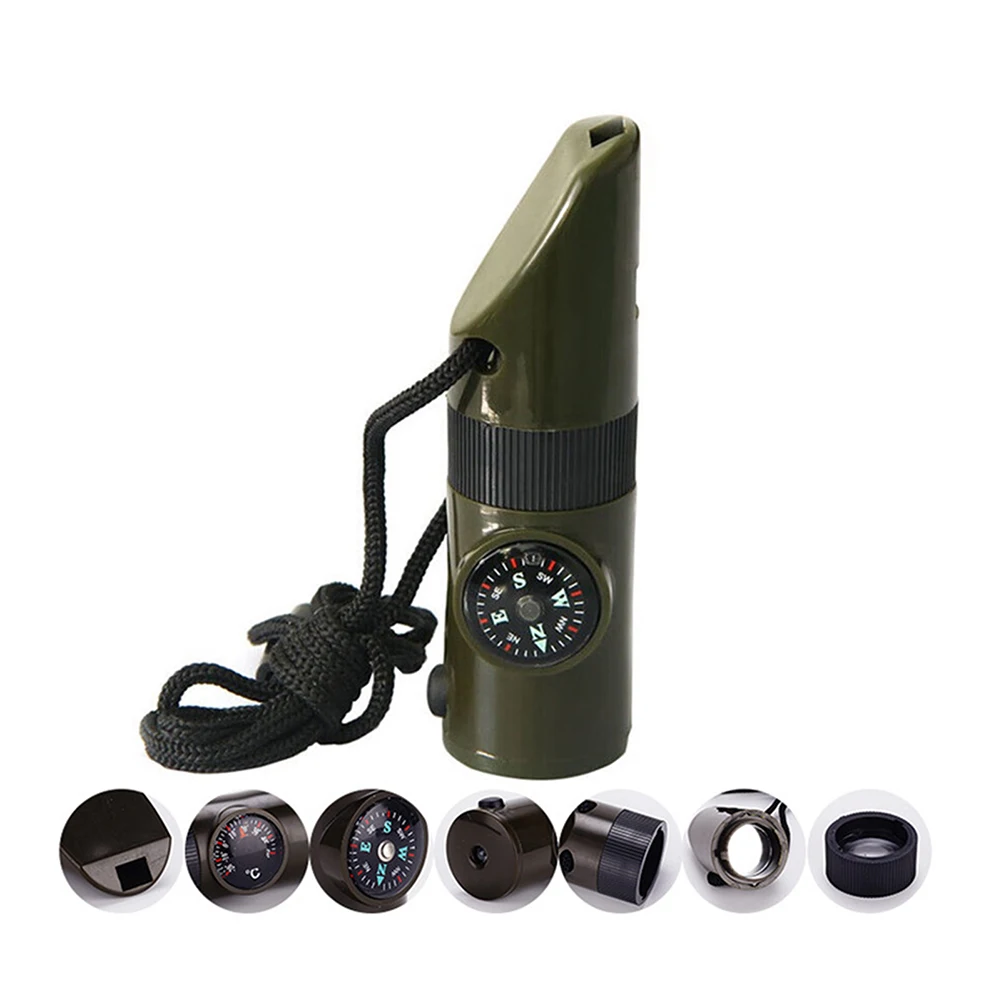 Therye.com-Sifflet multifonctionnel 7 en 1, boussole, loupe, torche, miroir, lumière LED, extérieur, camping, survie, trekking