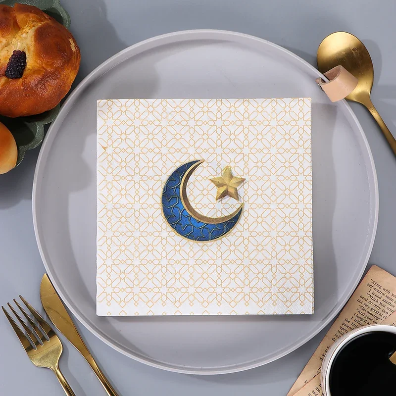 20 ชิ้น/แพ็คปราสาท Ramadan Mubarak กระดาษผ้าเช็ดปาก Al-Fitr Al Adha มุสลิมอิสลาม Kareem Ramadan Mubarak อาหารค่ํา Eid ตกแต่ง