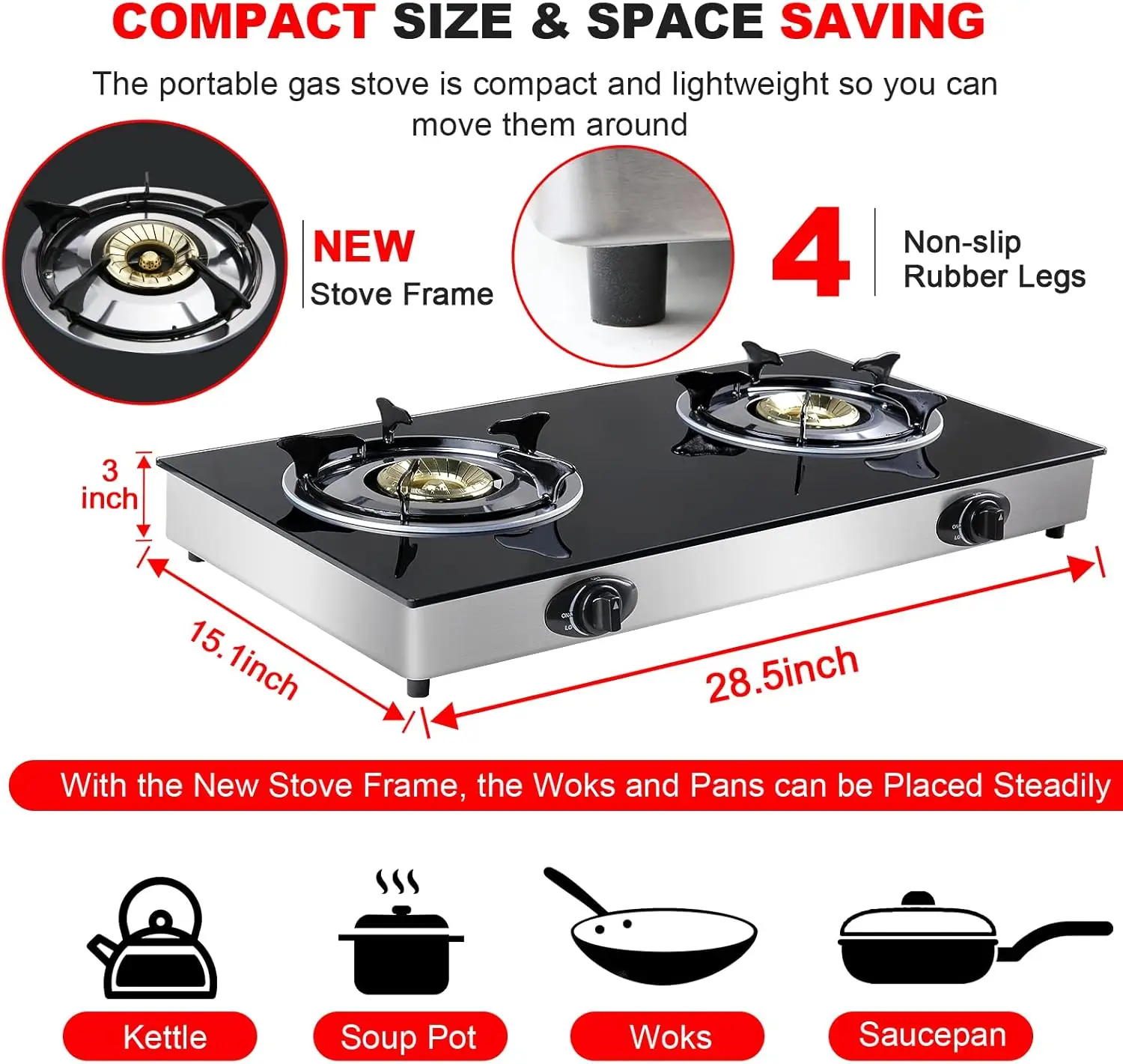 Propane Gas Cooktop 2 Burners Portable Stove with Auto Ignition for RV, Camping, Apartments
