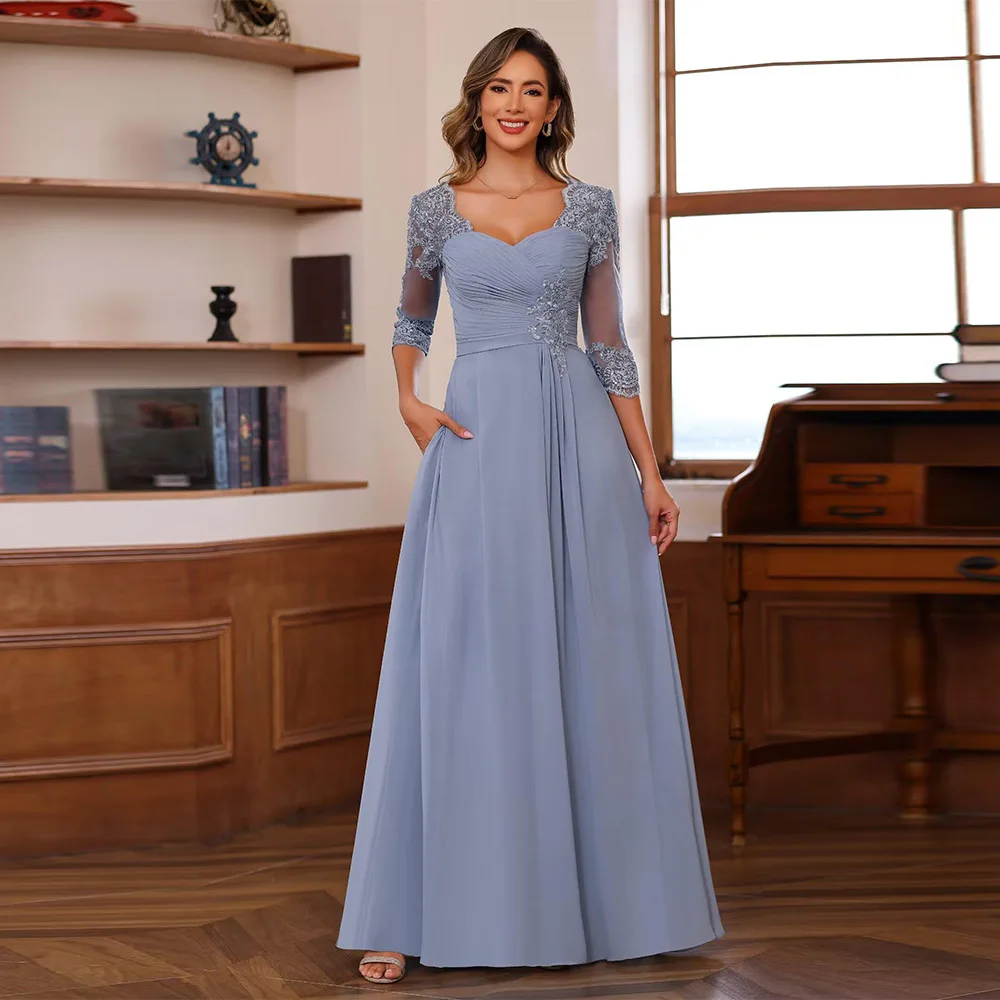 Customized Exquisite Women's Lace Appliqued Mother of The Bride Dresses 3/4 Sleeves Scoop Long Formal Evening Dress 2025