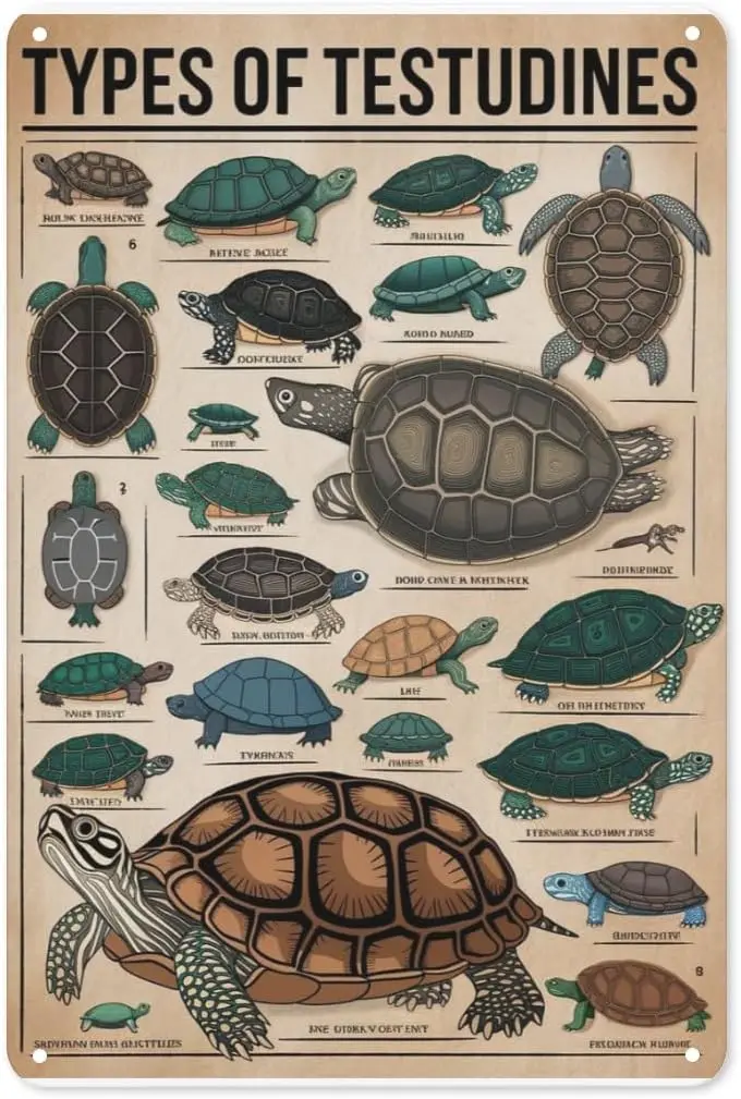 Turtle Species Educational Metal Plaque 8X12IN Vintage Biology Wall Art for Classroom, Nature Center & Reptile Lover De sign