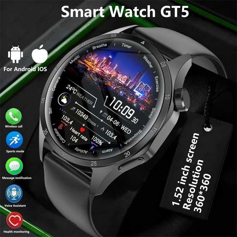 

Новые GT5 GPS-трежекторы Мужчины Женщины Смарт-часы 1,52-дюймовый HD-экран Фитнес-трекер Беспроводной звонок Мониторинг сердечного ритма Смарт-часы