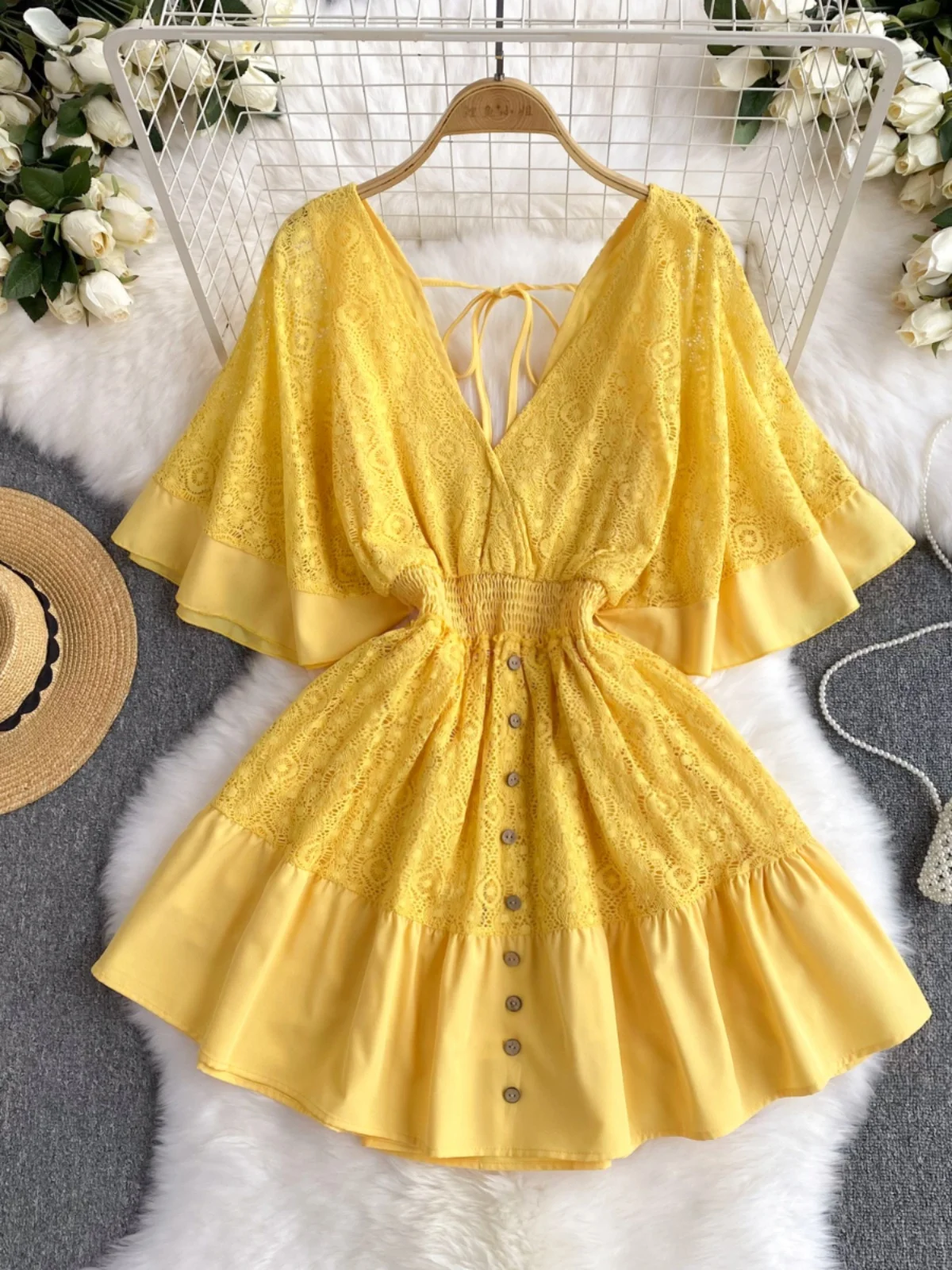 

Summer Sexy Lace V-Neck Beach Sundress Women Sweet Flare Sleeve Slim Waist Short Dress 2024 New Female Holiday Dress