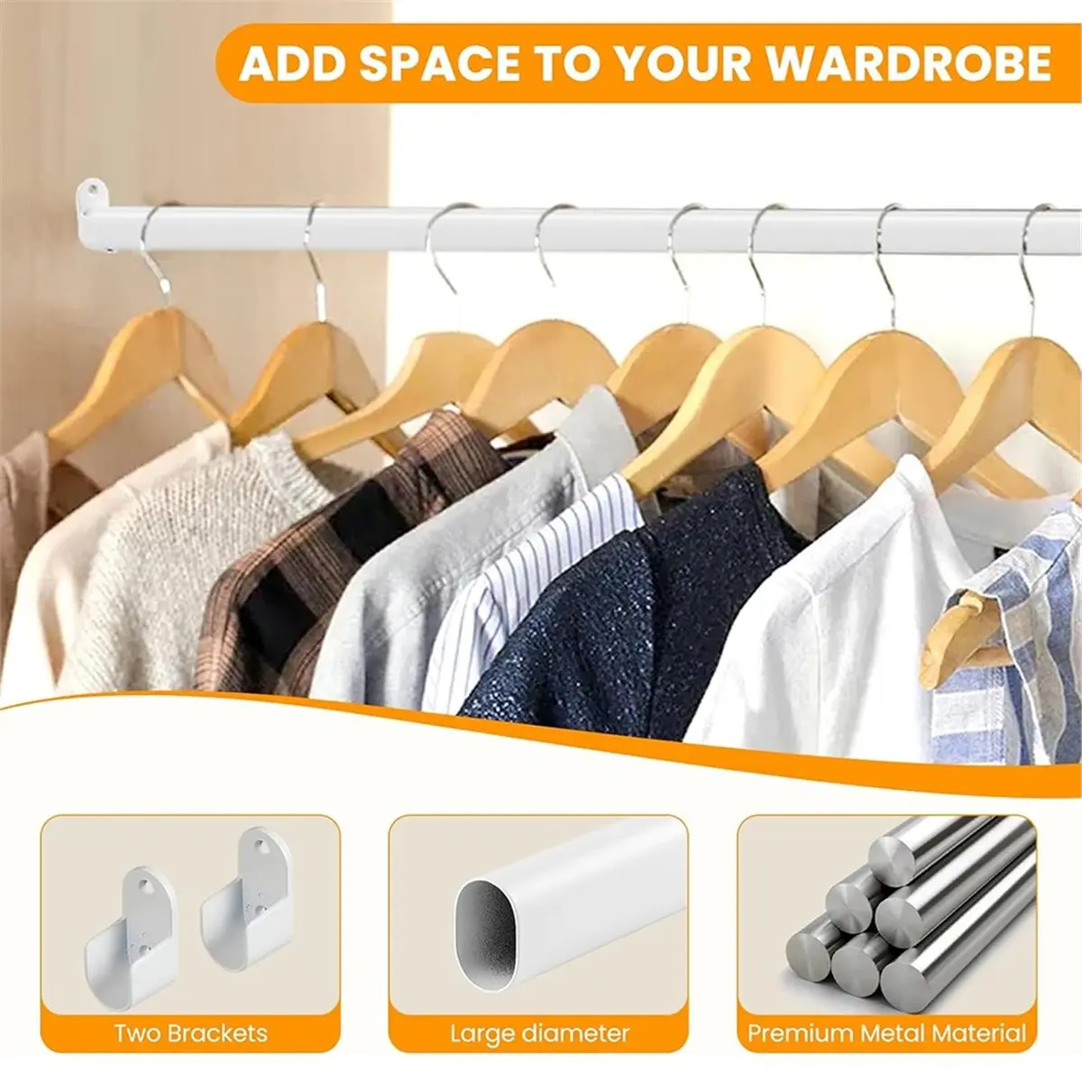 Adjustable Oval Closet Rod 18 to 40 Inch, Wardrobe Hanging Pole Closet Pole 1 Inch Diameter with End Supports
