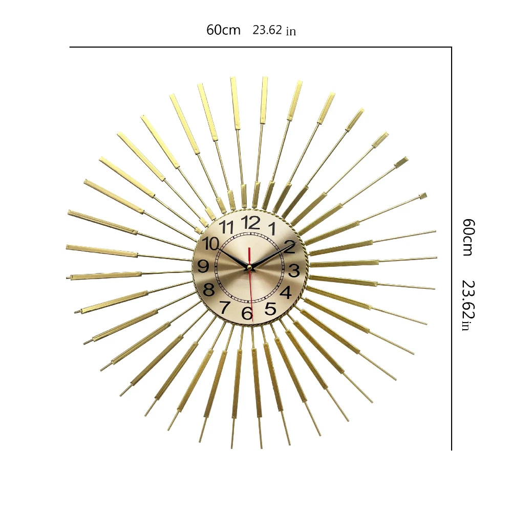 Luxury Gold Metal Wall Clock, Modern Sunburst Design, Large 60cm Silent Non-Ticking Decorative Clock for Living Room Home Decor