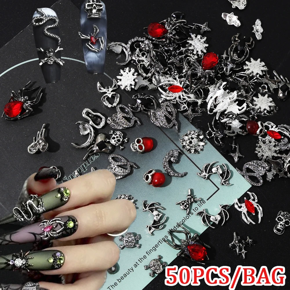 

50pcs Halloween nail accessories Mixed Punk cross Spider skull personalized nail alloy decoration Dark style Retro Nail Charms