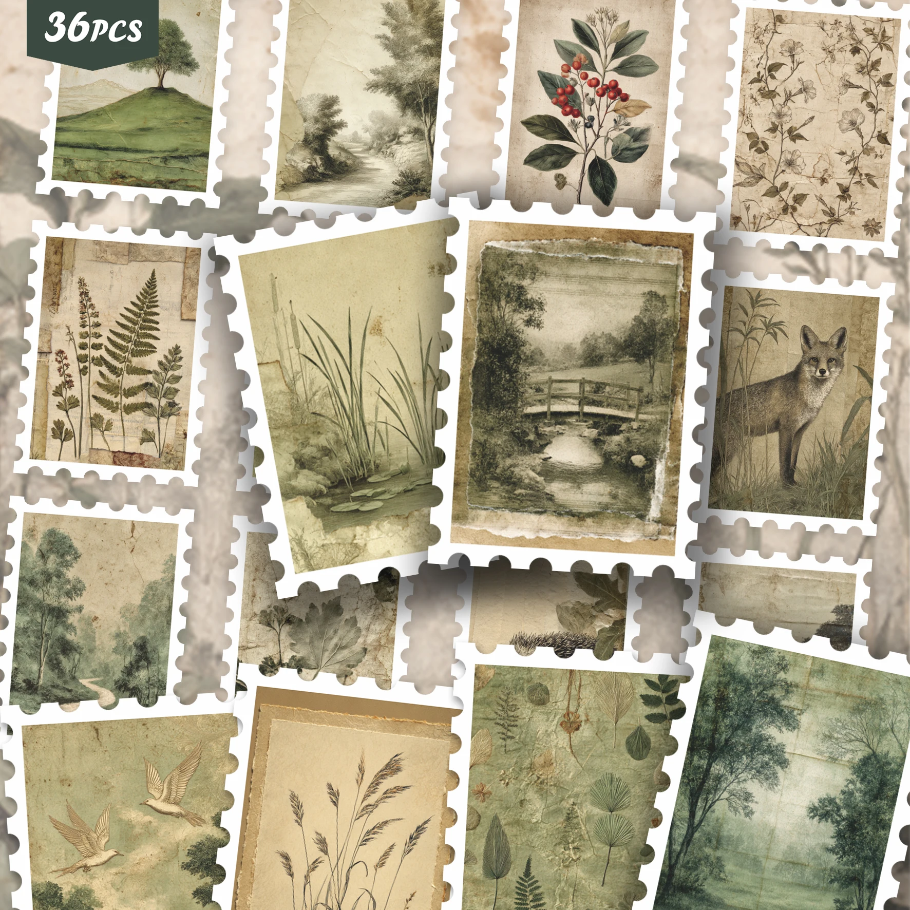 36PCS Vintage Green Cottagecore Nature Stickers, Retro Botanical & Nature Aesthetic Cutout Sticker Set for Journals, Scrapbook,