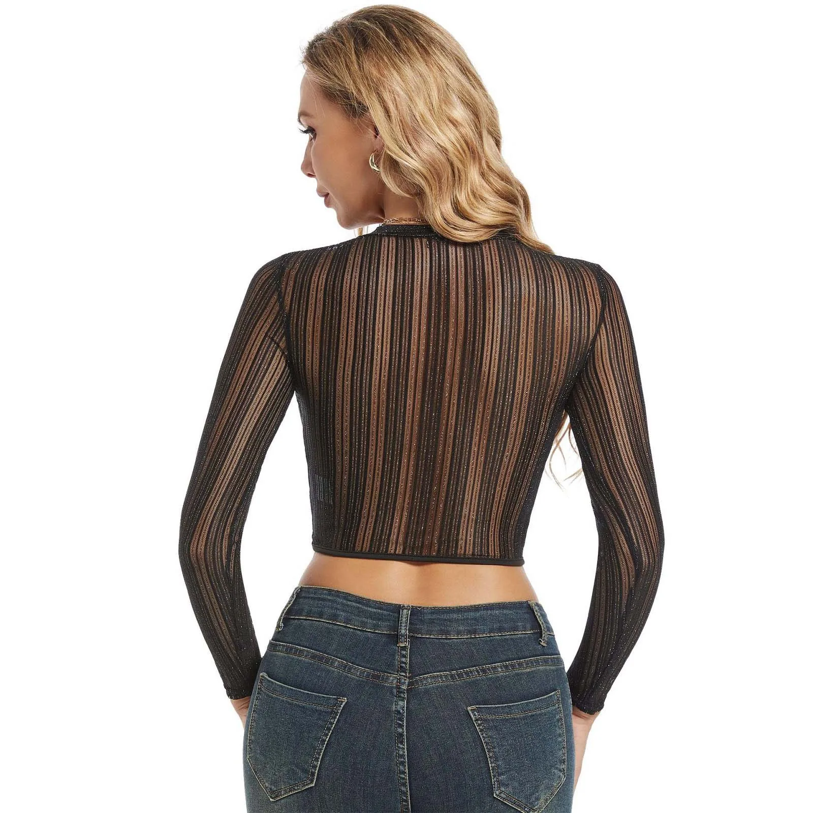 

Sexy See Though Women T-Shirts Elegant Women's Long Sleeve Silver Stripe Sexy Low Cut Crop Tops Streetwear Hollow Playsuit Vest