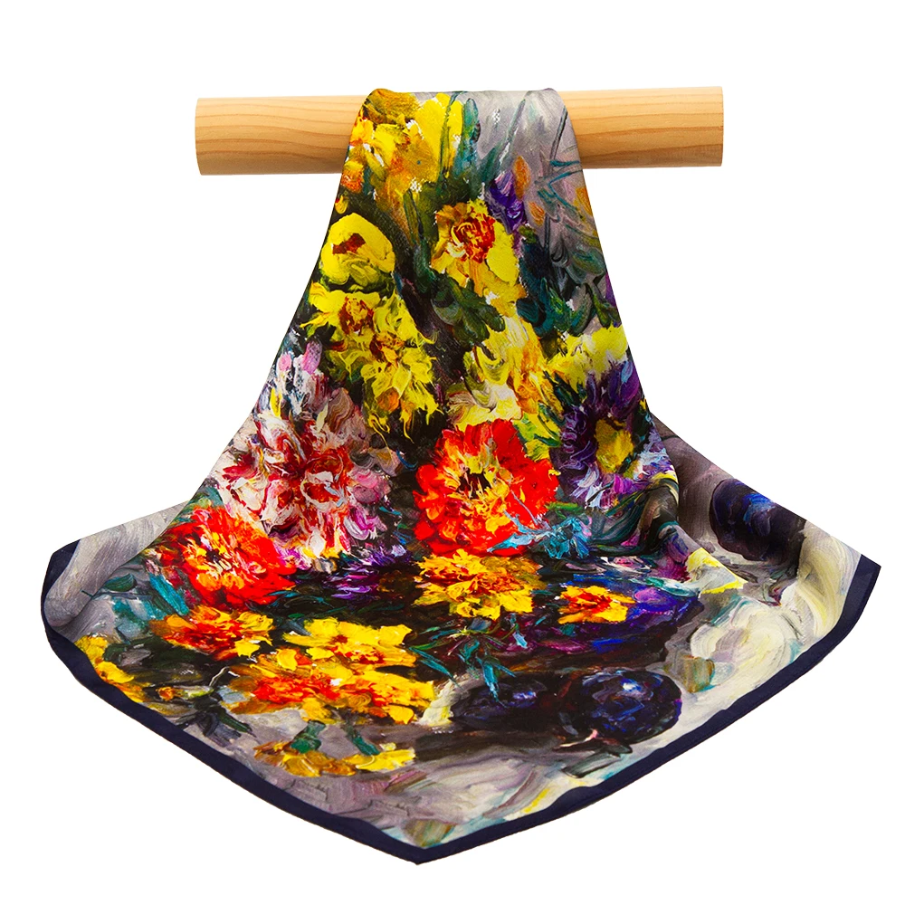 53cm 100% Pure Silk Bandana Women Flower Painting Hair Scarf Female Headband Top Natural Silk Handkerchief for Men Pocket Square