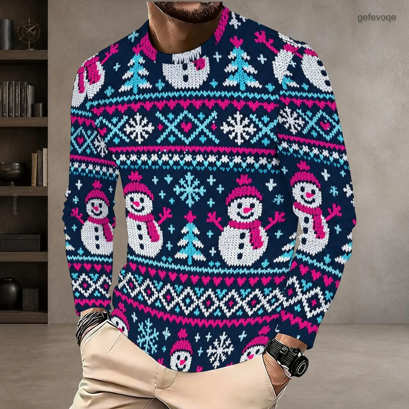 Men's Printed Round Neck Long Sleeve Pullover T-shirt with Snowman, Snowflake and Christmas Tree Pattern