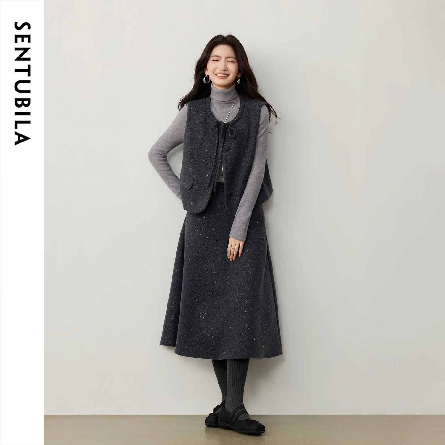 SENTUBILA Women's Winter Matching Sets 2026 Sleeveless Short 2 Piece Set Commute Casual Warm A Line Midi Skirt Suit 164ZA8778Z