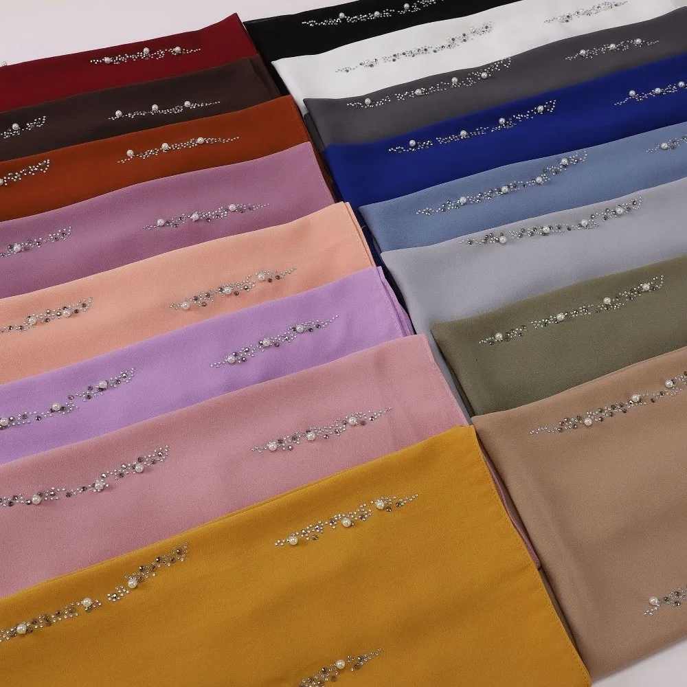 Rhinestone Imitation Pearl Chiffon Hijab Shimmer Beads Lightweight Malaysia Shawl Scarf Breathable Elegant Soft Head Wrap Women