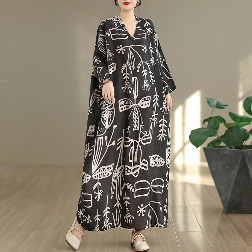 Printemps automne Floral Vaion Sle voyage V Ne rétro longue Dr viande dissimulant coton lin Dr grande taille minceur mince