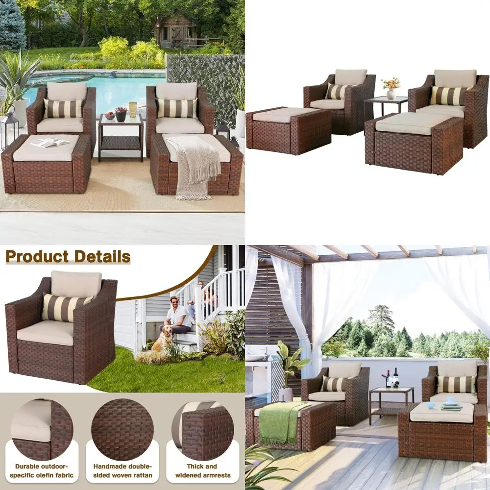 

5-Piece Outdoor Patio Conversation Set with Brown Wicker Lounge Chair, Ottoman, and Coffee Table