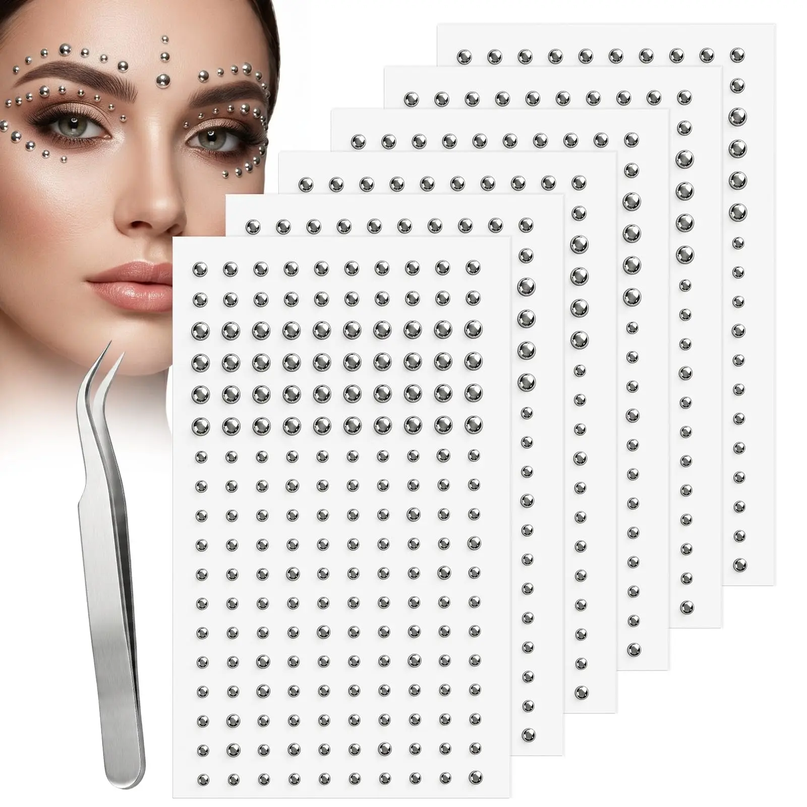 6 Sheet Fake Piercing Set With Tweezers Silver Face Gem Stick on Ear Nose Lip Stud | Self-Adhesive Faux Eyebrow Jewels Stickers
