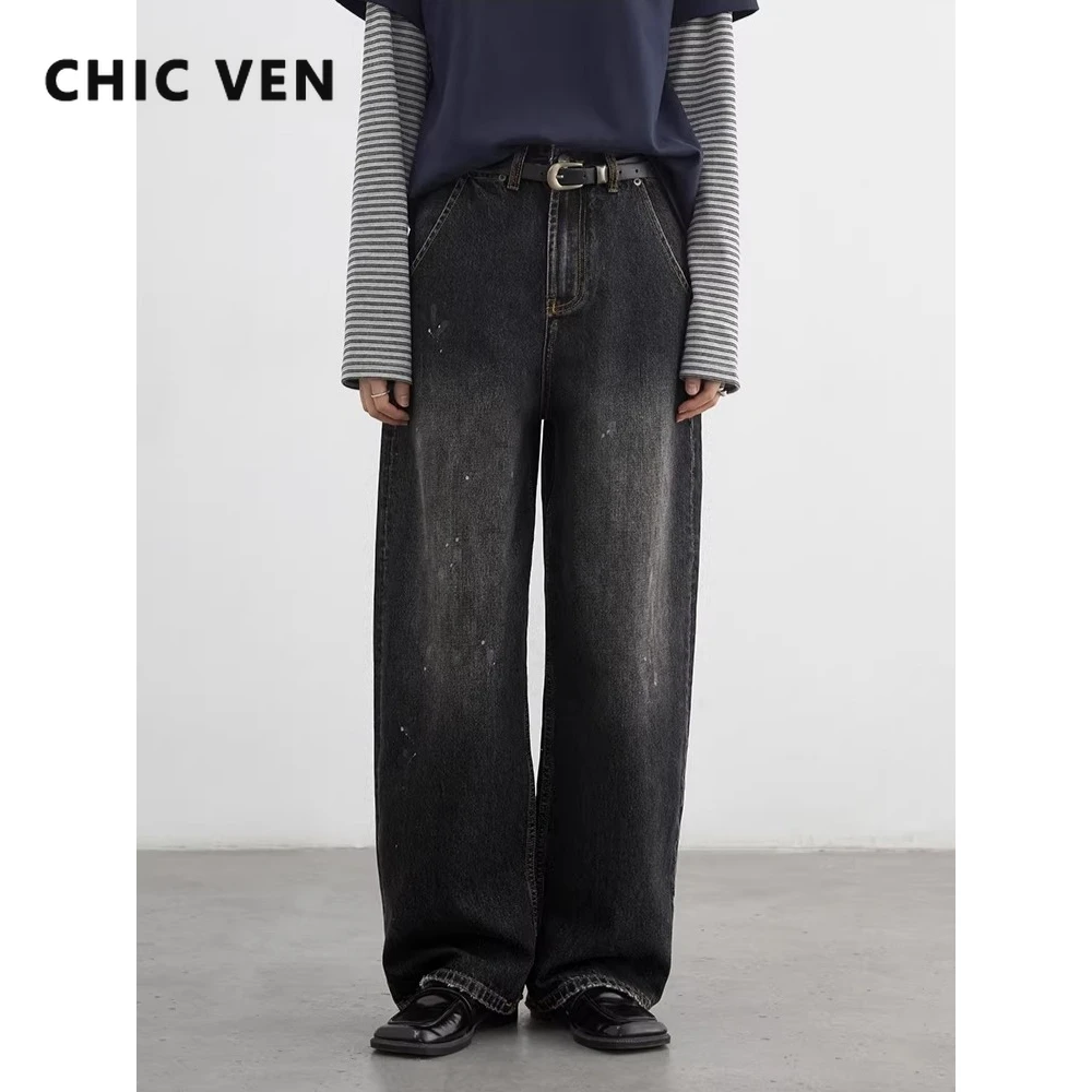 

Женские джинсовые брюки CHIC VEN, свободные повседневные винтажные белые джинсы с брызгами чернил, свободные широкие джинсовые брюки, осень-зима 2026