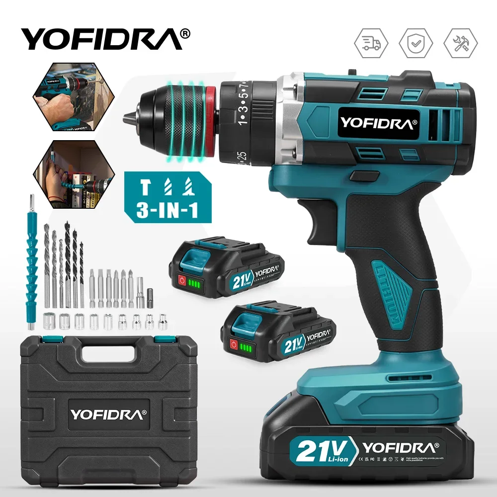 YOFIDRA Elektrischer Schlagbohrer 25+3 Drehmomentstufen, Handgeführter Akku-Schlagbohrer 3-in-1, Holzbearbeitungs-Elektrowerkzeug für Makita 21V Akku