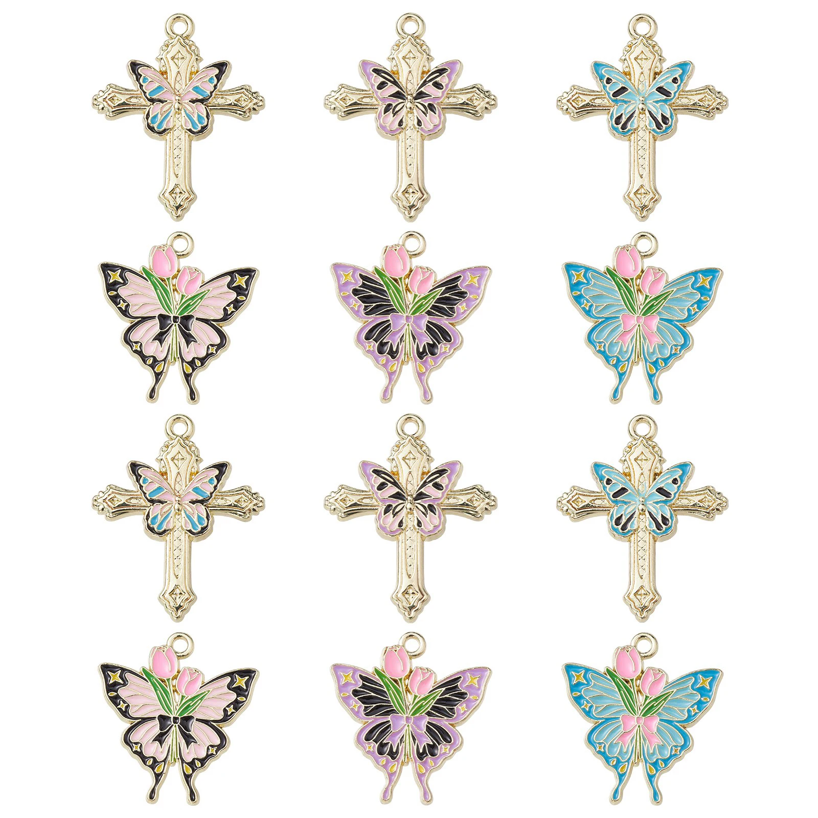 30Pcs 6 Styles Enamel Butterfly Charms Insect Animal Charms Butterfly with Rose Cross Charms for Crafts Jewelry Making DIY