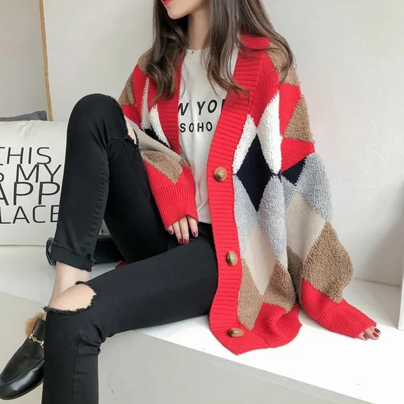 Cárdigan empalmado multicolor con rejilla de diamantes, chaqueta para mujer, Otoño Invierno, informal, calle, abrigo de punto holgado y cálido, Top