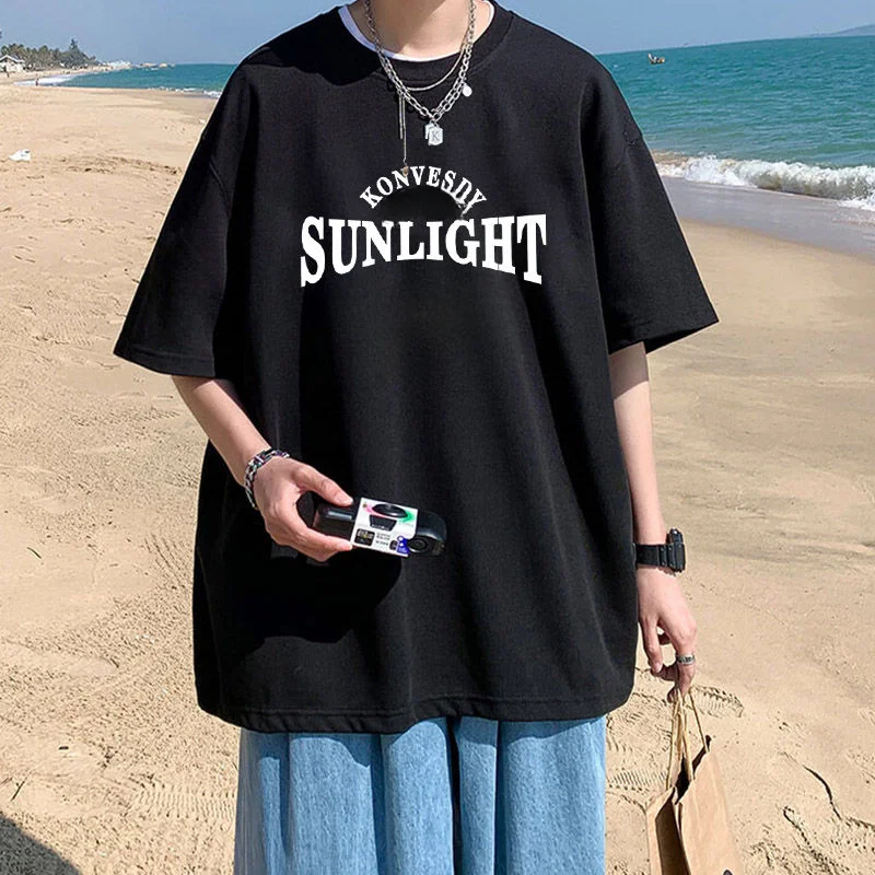 

2025 Summer Cotton Casual Oversized Men's Tshirt Print Black Letter Simple Vintage Short Sleeve Comfortable Sports Tee Y2k Tops