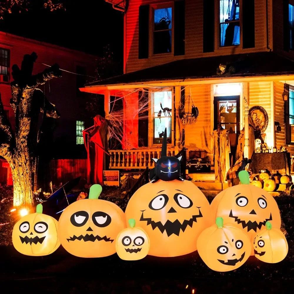 

8 FT Halloween Inflatable Pumpkin Patch Lanterns with Witch’s Cat, Blow Up 7 Pumpkins Family with Built-in LED Lights