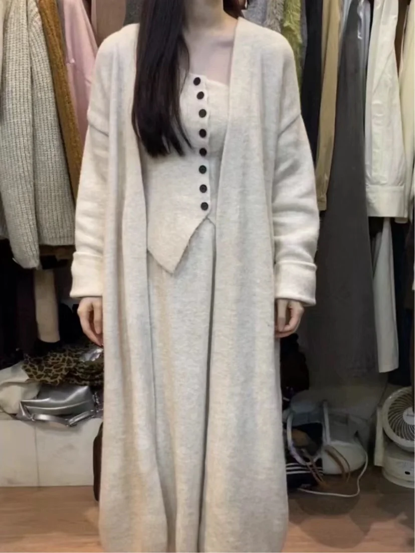 

Autumn Winter Women's Long Knitted Open Cardigan Sweater + A-Line Skirt Three-Piece Set Loose Style Fashionable Ensemble