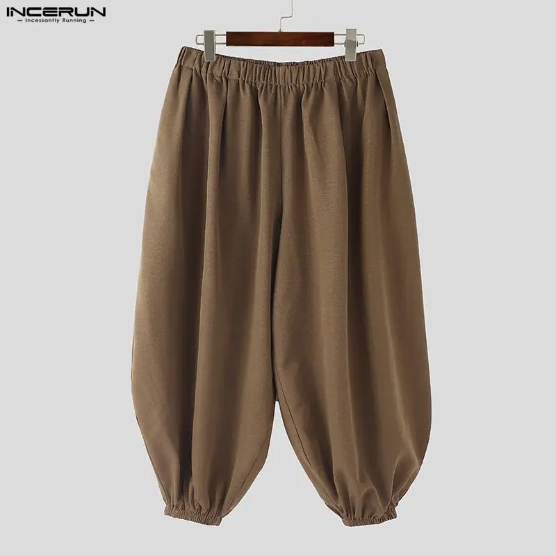 INCERUN Men Pants Solid Color Joggers Baggy Elastic Waist Casual Lantern Pants Men Streetwear 2026 Fashion Calf-length Trousers
