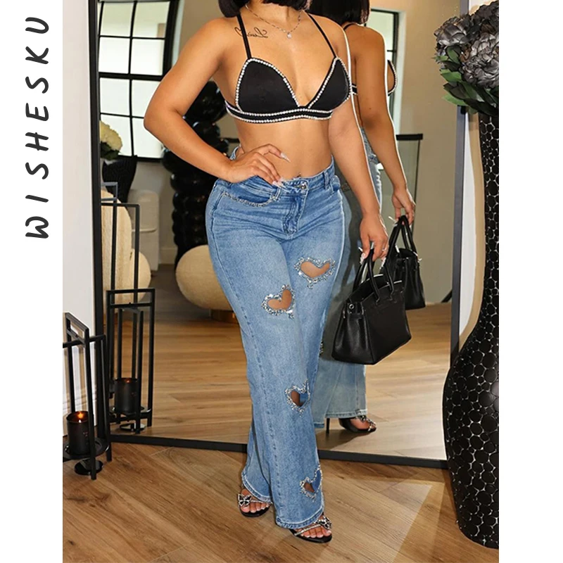 Women High Waist Hollow Out Hole Diamond Denim Pants Casual Blue Fashion Wide Leg Jeans 2024 Summer Lolita Y2K Trousers