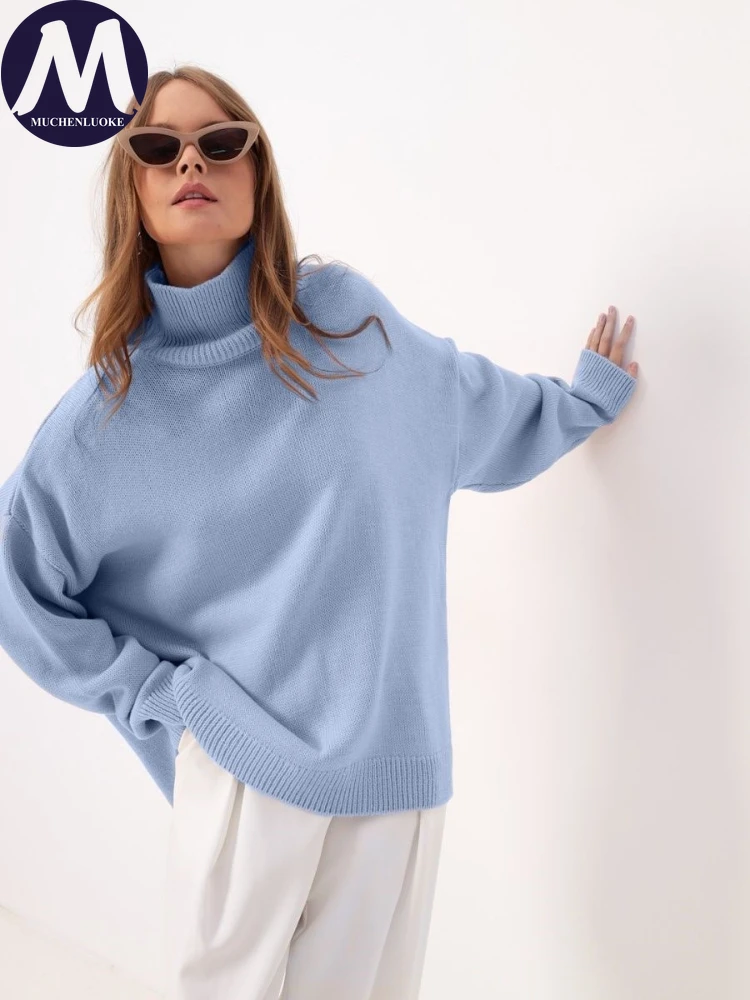 여성용 우아한 하이넥 니트 스웨터 긴 소매 가을 겨울 패셔너블 캐주얼 루즈 따뜻한 두꺼운 풀오버