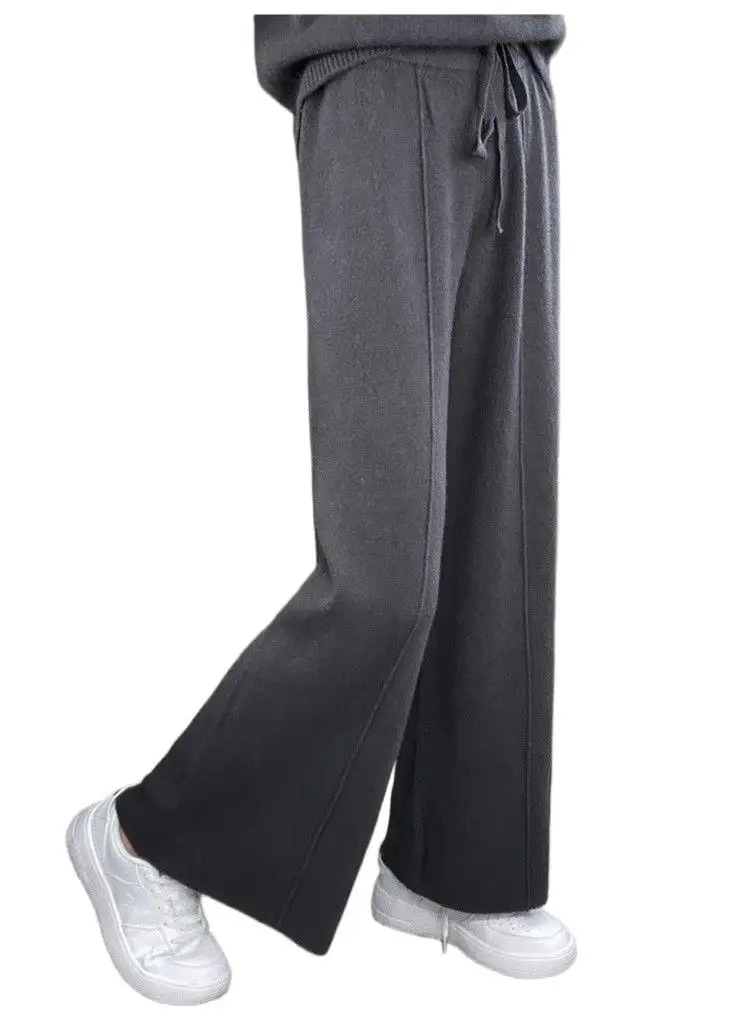 กางเกงขายาวทรงตรงเอวสูงผ้าถักเนื้อหนาสำหรับผู้หญิง สไตล์ลำลอง มีเชือกผูก เหมาะสำหรับฤดูใบไม้ร่วงและฤดูหนาว