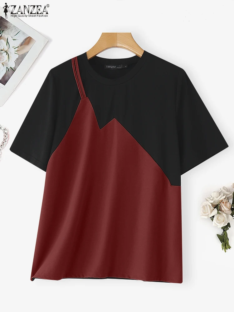 

Women Summer Blouse Patchwork Tops Vintage Blusas Short Sleeve O Neck Tunics 2025 ZANZEA Casual Spliced Pullovers Oversized