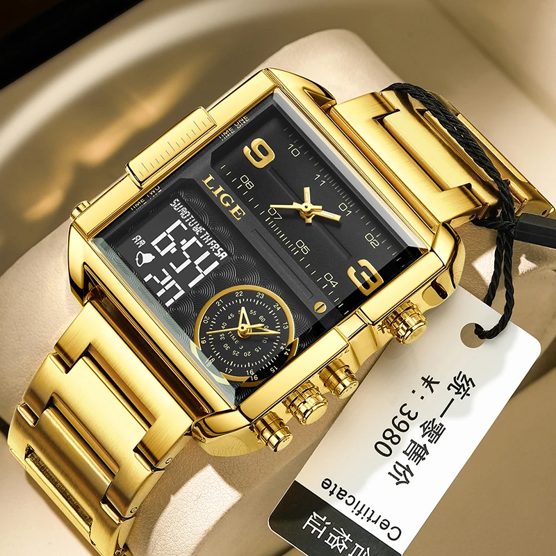 LIGE New Top Brand Luxury Fashion Men Watches Gold Steel Sports Square Digital Analog Big Quartz Watch for Man relogio masculino