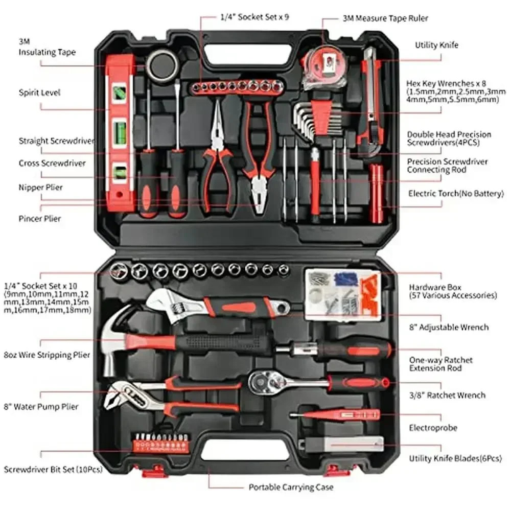 Imagem -02 - Kit Completo de Ferramentas Manuais Domésticas 120 Peças com Estojo de Armazenamento de Plástico Caixa de Ferramentas Faça Você Mesmo e Conjunto de Ferramentas de Aço Trabalhos de Reparo para Casa e Carro