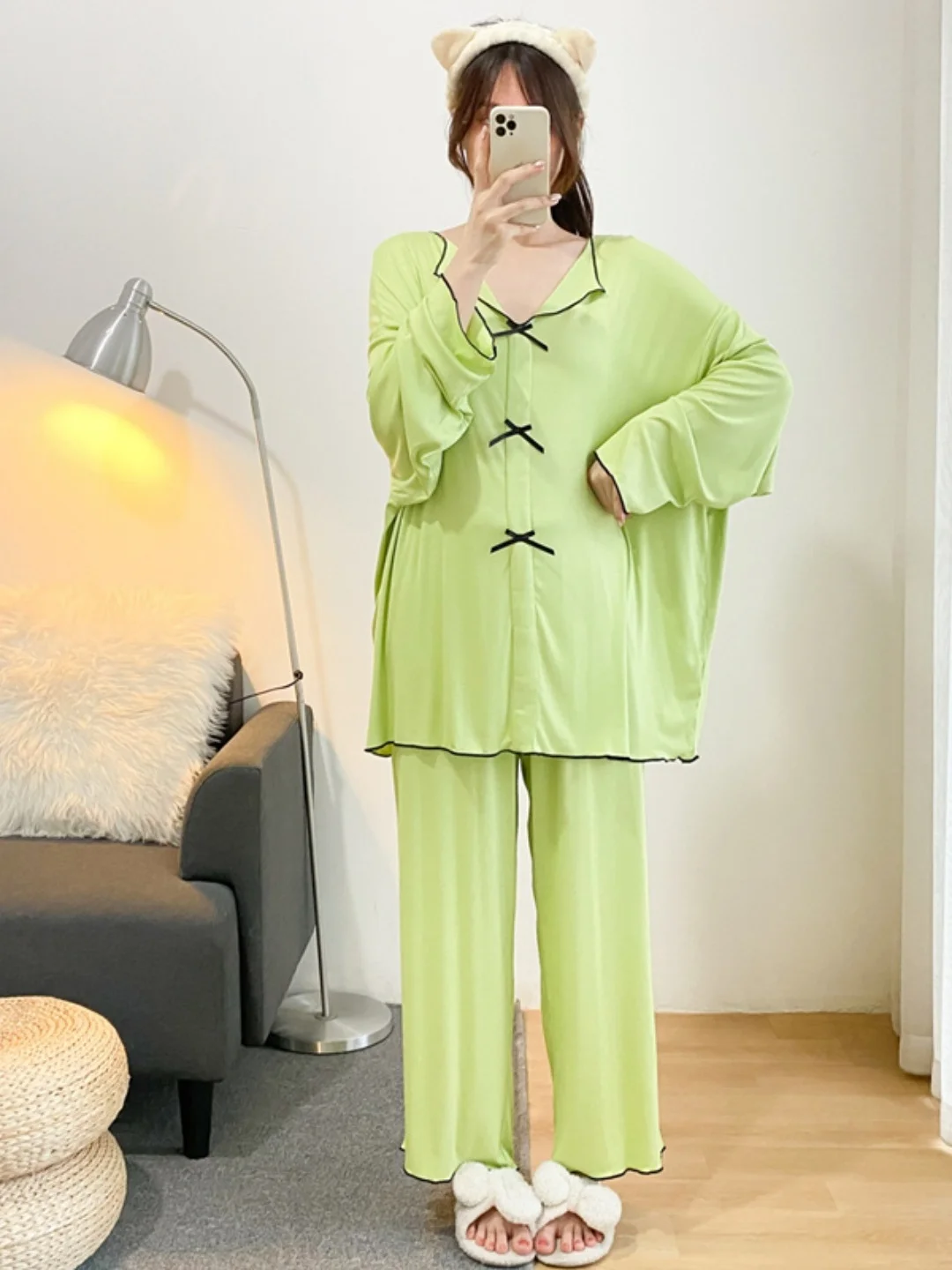 Autumnal Sweet  Knot Splice Sleepwear Set Extra Large Size 300 Pounds Can Be Worn outside Anti-Aging Loose Home Clot...